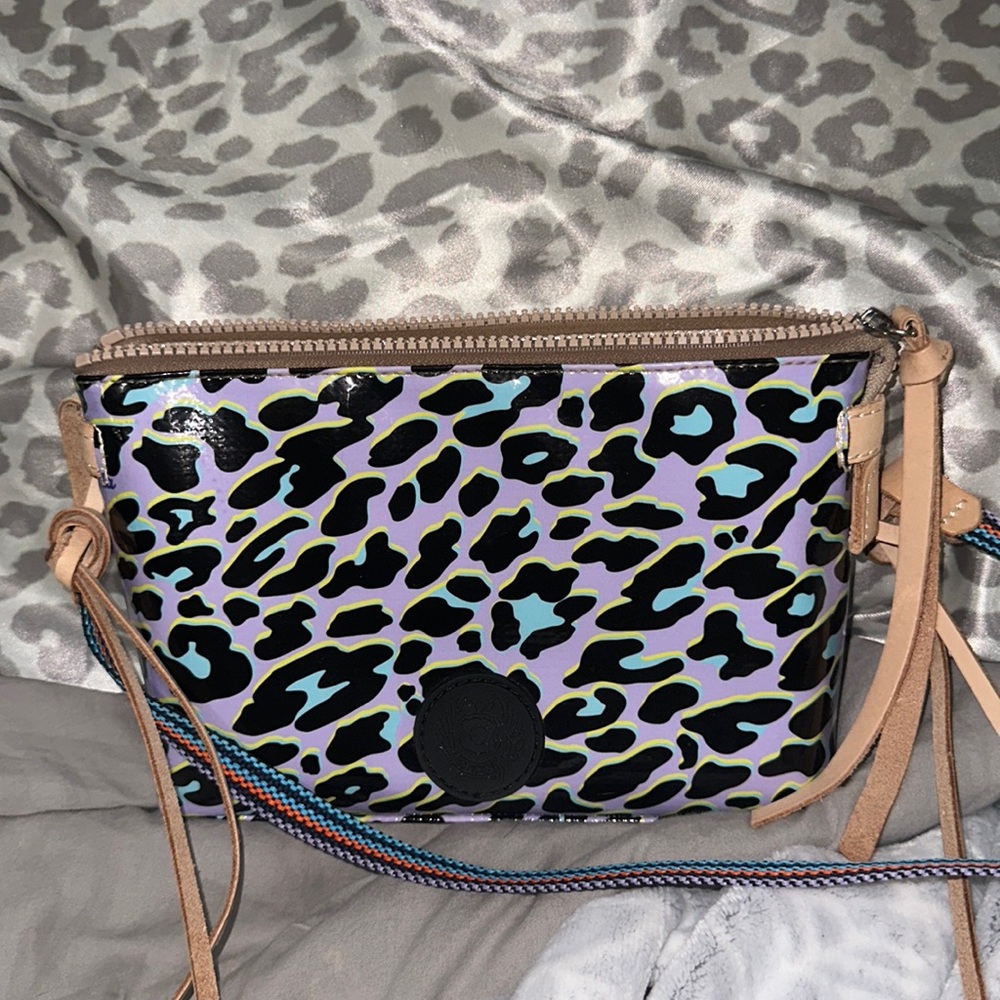 NWOT consuela lavender leopard with tan leather tassels shoulder bag rose gold